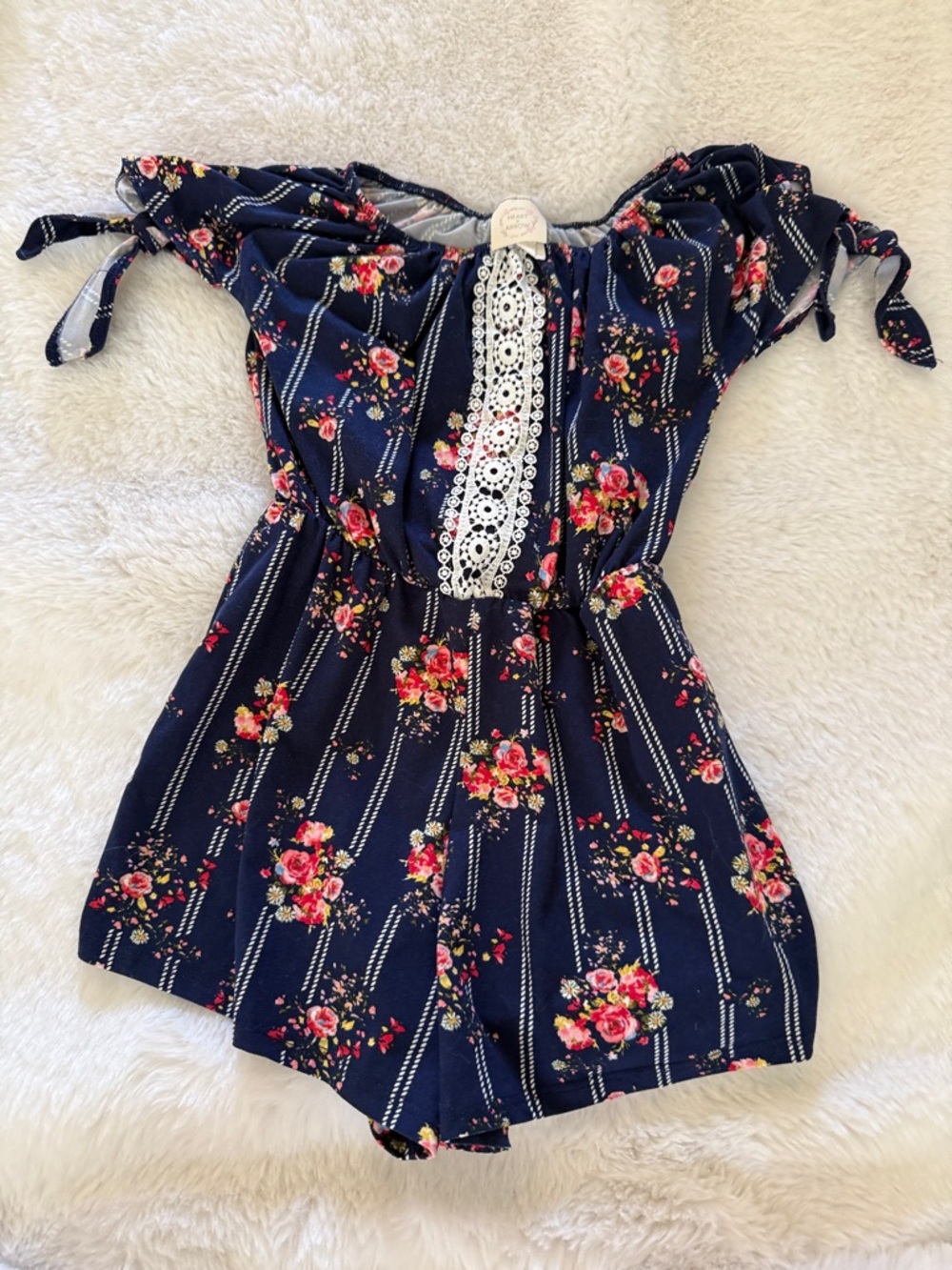 Girls Navy Floral One-Piece Bodysuit with Lace Trim